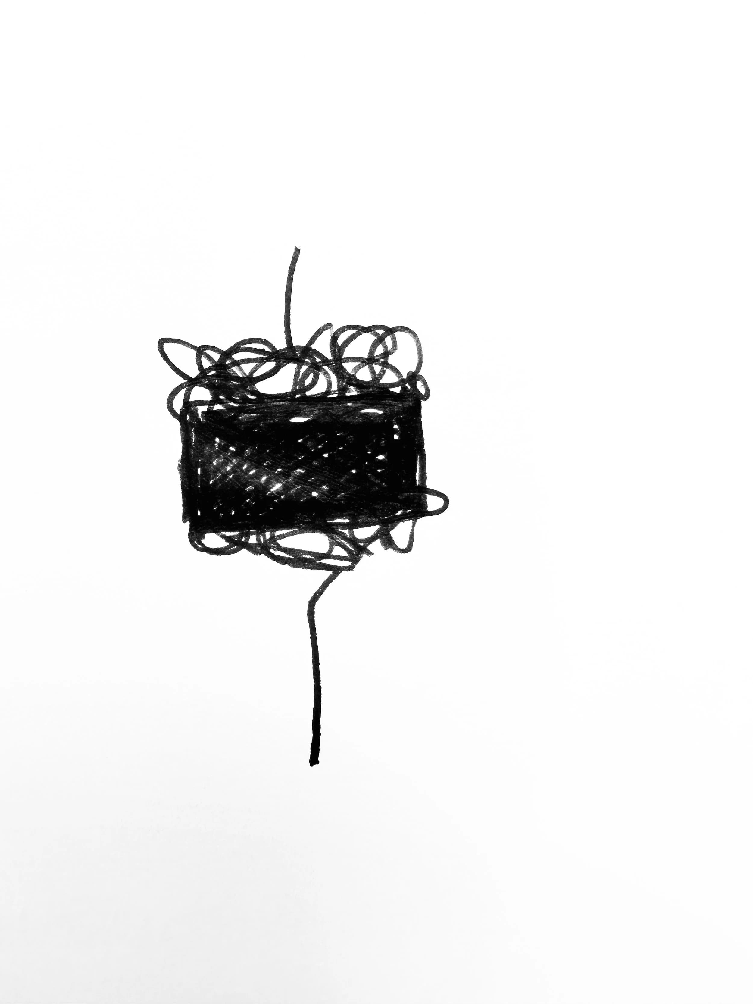 A tangle of black wire, photographed against white